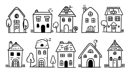 House Doodle Set � Hand Drawn Sketch Style House Buildings with Roofs, Simple Home Icons for Village and City Elements. Vector Illustration.