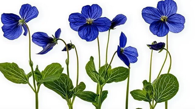 Gentle blue violets in close-up view against clean white background showcase