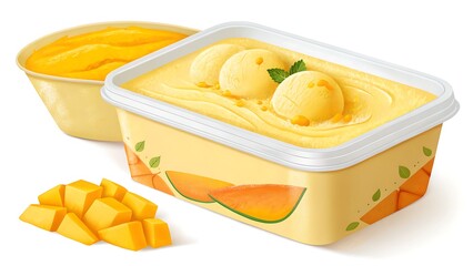 A tub of mango ice cream with a bowl of mango puree and chunks