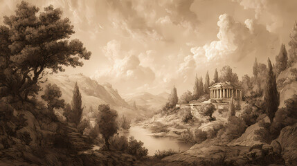 museum print reproduction | eternal nature | sublime calm | ochre and azure | centralized radiance | classical temples | horizon framing | atmospheric perspective | mythological countryside |