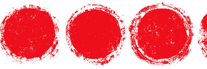 Hand drawn Japan red sun circle brush stamp watercolor paint shape set featuring rough ink brush stroke texture and grunge Asian badge elements. Vector illustration