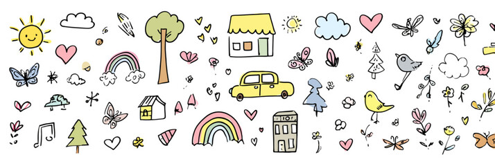 Kid Cute Doodle Set � Hand Drawn Sun, House, Tree, Car, Rainbow, Flower, Bird, and Butterfly Sketch Style Vector Illustration