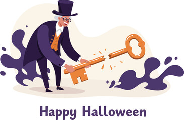Man in Vintage Costume Holding Large Key Halloween Illustration with Dark Purple and Orange Colors 