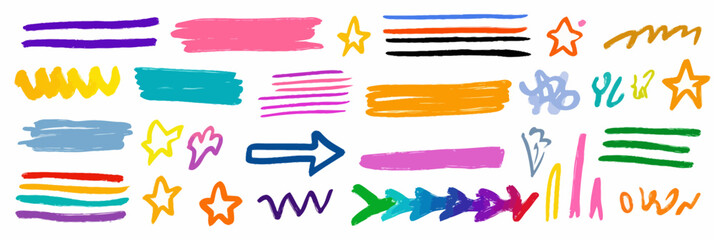 Hand drawn line brush marker vector set with underline, highlight, stars, arrows, and scribble pen stroke elements in kid style