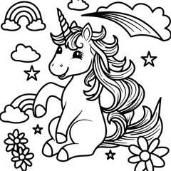 Magical Unicorn with Rainbows and Flowers Coloring Page
