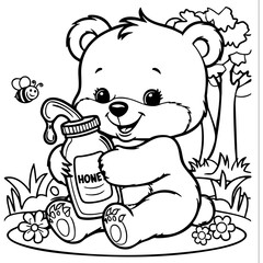 Adorable Bear Holding Honey Jar in Forest with Bee and Flowers Coloring Page