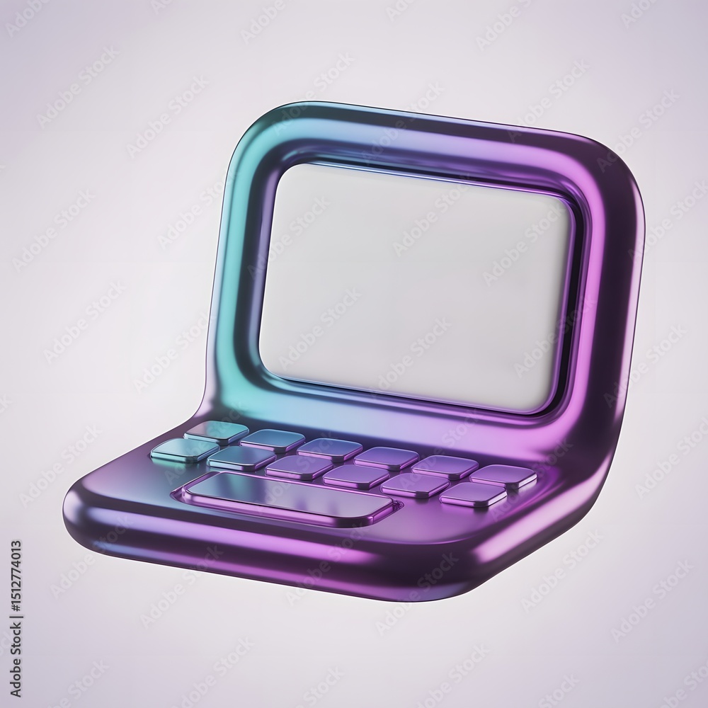 Poster futuristic glossy laptop with iridescent gradient colors in minimal style isolated on light backgrou