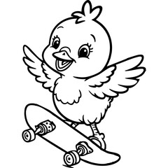 Happy Little Chick Skateboarding with Joy Coloring Page