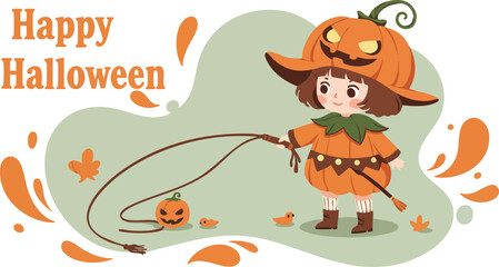 Child in pumpkin costume Halloween celebration with cute jack-o-lantern accessories autumn theme vector illustration 
