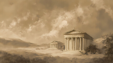 art history publication visual | eternal nature | serene grandeur | gold and lavender | sun-centered alignment | classical temples | diffused edge lighting | balanced light composition | golden age