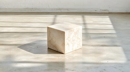 Minimalist Marble Cube on Concrete Floor with Window Light
