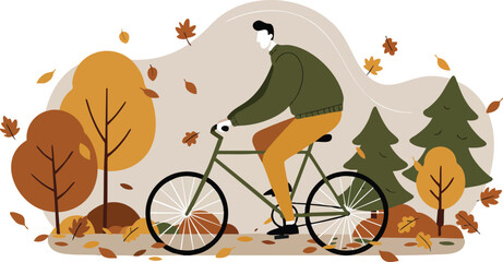 Man riding bicycle in autumn forest with falling leaves and pine trees vector illustration 