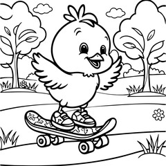 Cute Baby Chick Riding a Skateboard Through the Park Landscape