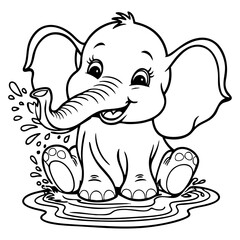 Cute Baby Elephant Playing in Water – Animal Coloring Page