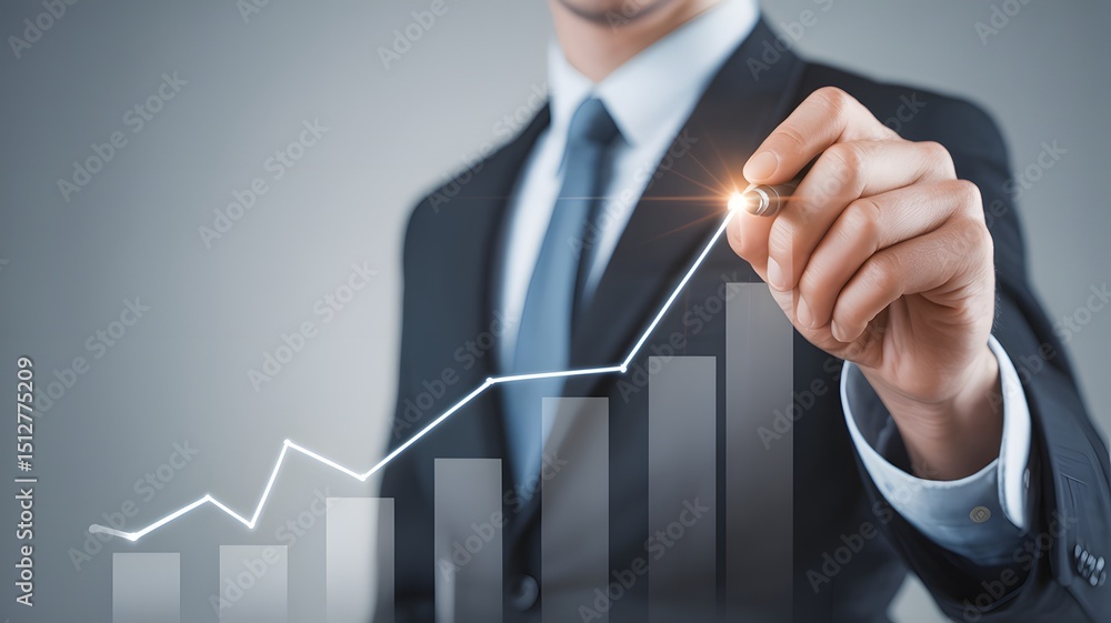 Poster businessman drawing rising bar graph and line chart representing business growth financial success s