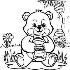 Bear Holding a Honey Jar in the Forest Coloring Page