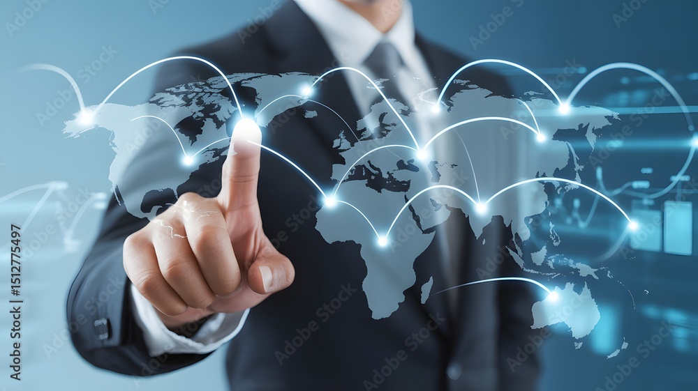 Poster businessman touching virtual world map with global network representing international communication 