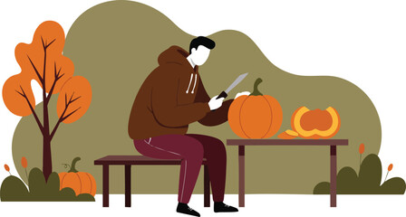 Man carving pumpkin for autumn harvest celebration with orange leaves and outdoor bench vector illustration 