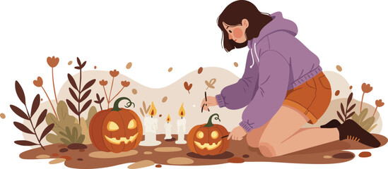 Girl in purple hoodie carving pumpkins for Halloween decoration in autumn setting with candles and plants vector illustration 