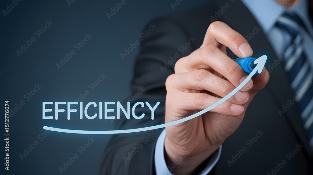 Poster businessman drawing upward arrow with word efficiency representing productivity optimization perform