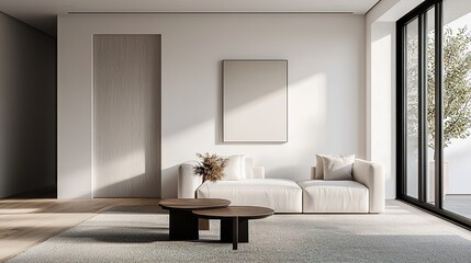 A modern minimalist living room with neutral tones, featuring a white sofa, nested coffee tables, and large windows letting in natural light.