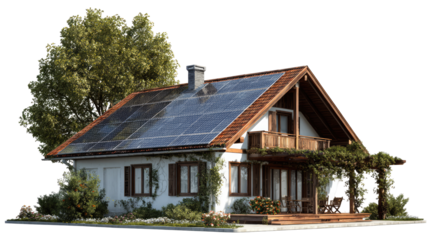 Rural Eco House with Rooftop Solar Panels and Clean Architecture on Transparent Background

