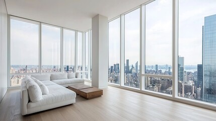 Fototapeta premium Minimalist living room with floor-to-ceiling windows offering a stunning city skyline view and modern white furniture.