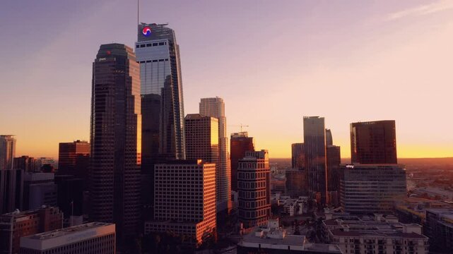4K drone Video of downtown Los Angeles during sunset as a stablishing shot 4K