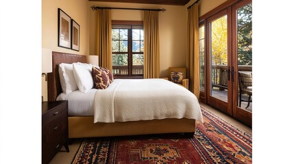 Fototapeta premium Cozy bedroom with warm tones, large windows, patterned rug, and balcony view, creating a welcoming and relaxing atmosphere.