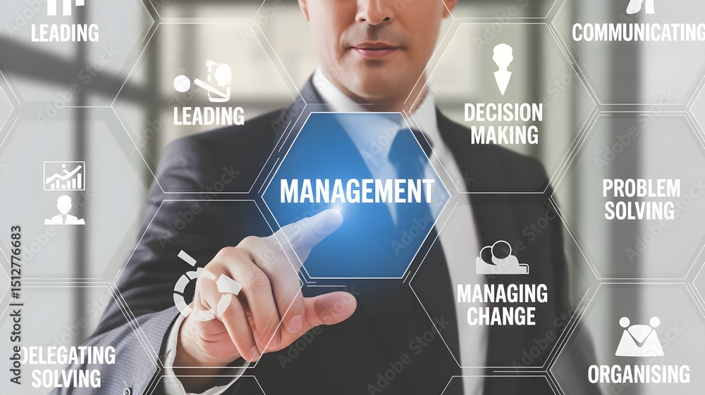 Poster businessman touching virtual management interface representing leadership decision making strategy p