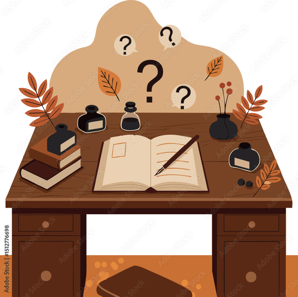 Poster writing desk with open notebook and ink bottles surrounded by autumn leaves and question marks vecto