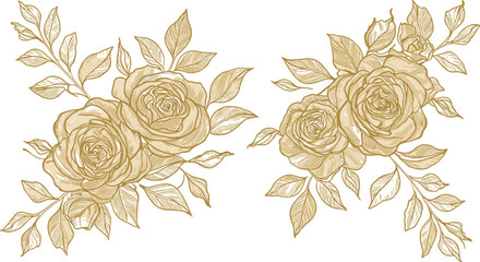 Vector gold line flowers illustration. Nature blossom oriental graphic, romantic decoration floral background, art deco ornate roses, peonies.