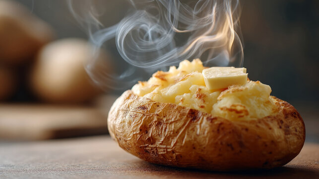 Warm baked potato with steam and melting butter for cozy comfort food themes