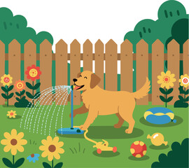 Fototapeta premium Golden retriever dog playing with garden sprinkler in backyard with flowers and toys vector illustration 