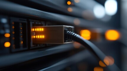 Naklejka premium Network Cable Connected to Server with Glowing Lights