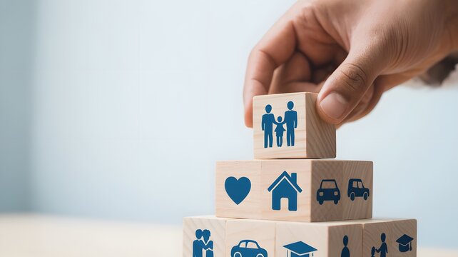 Hand Stacking Wooden Blocks With Icons Representing Family Insurance Life Planning Health Property Education And Financial Protection