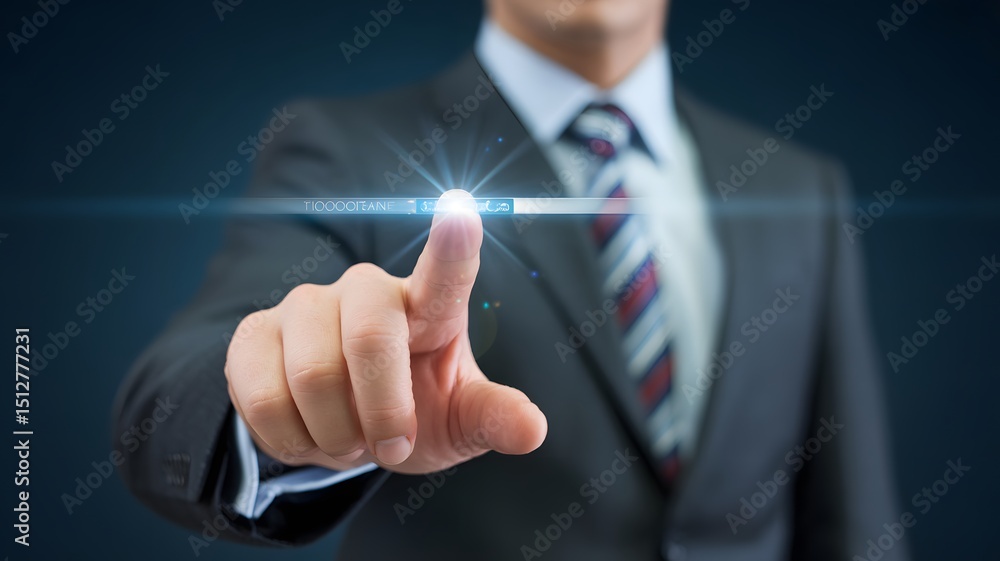 Poster businessman touching virtual interface with finger representing technology innovation interaction co