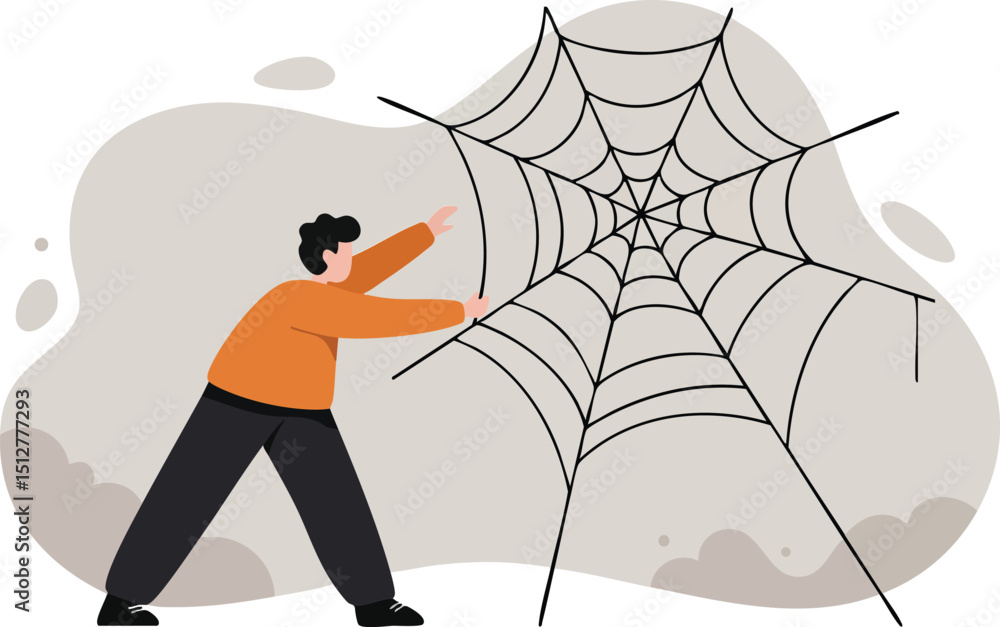 Poster man inspecting large spider web in abstract environment vector illustration for conceptual ideas