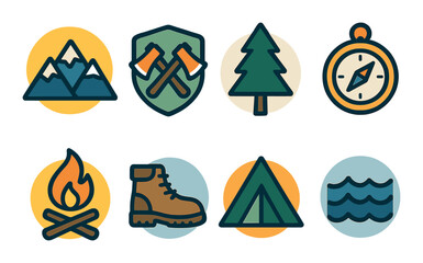 Outdoor adventure icon set in flat style. camping, hiking, and exploration symbols
