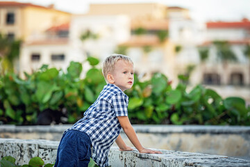 A summer portrait of a cheerful blond boy in a checkered shirt.