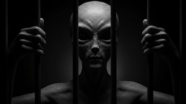 Imprisoned Extraterrestrial: An imposing, high-contrast image of an extraterrestrial being confined behind bars, evoking a sense of mystery, captivity, and the unknown.