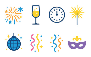 New year celebration icon set in vibrant flat style. festive party symbols