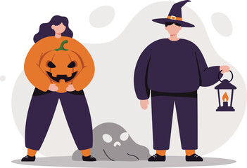 Halloween pumpkin and witch costume characters with ghost and lantern vector illustration 