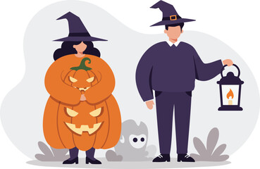 Halloween couple dressed in witch and pumpkin costumes holding lantern and ghost illustration vector 
