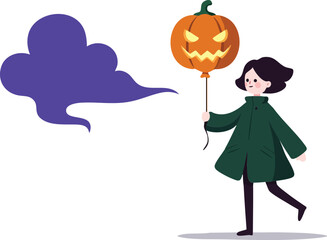 Child holding glowing pumpkin lantern with purple smoke Halloween spooky theme vector illustration 