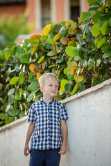 A summer portrait of a cheerful blond boy in a checkered shirt.