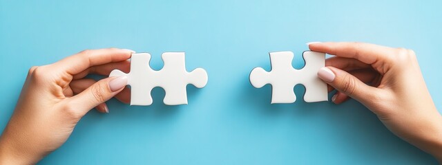 Hands Connecting White Puzzle Pieces On Light Blue Background