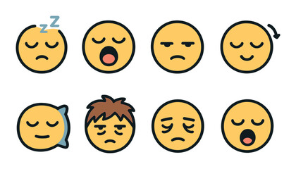 Fototapeta premium Sleepy and tired expressions icon set in flat style. exhaustion and fatigue symbols