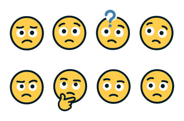 Fototapeta premium Confused expression icon set: flat style emoji, face, mood symbols for design