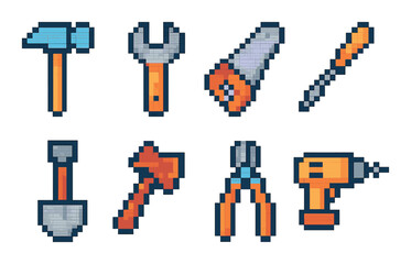 Pixel tools icon set in flat style. simple and handy equipment symbols